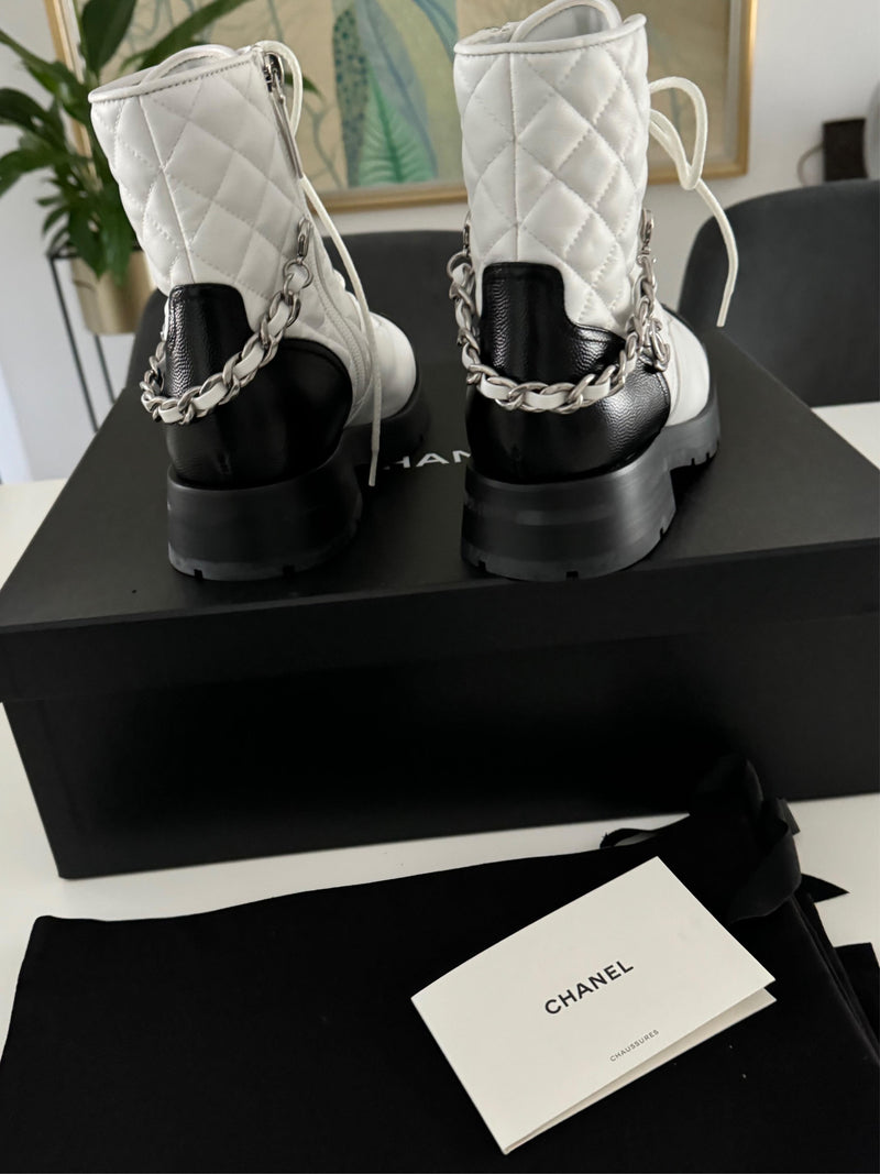 Chanel Quilted Leather Lace Up Boots