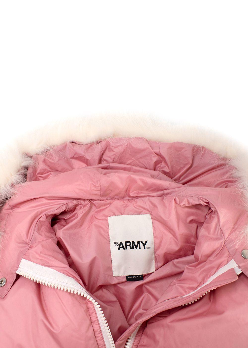 Yves Salomon Army Pink Puffer Jacket with White Fur Trim