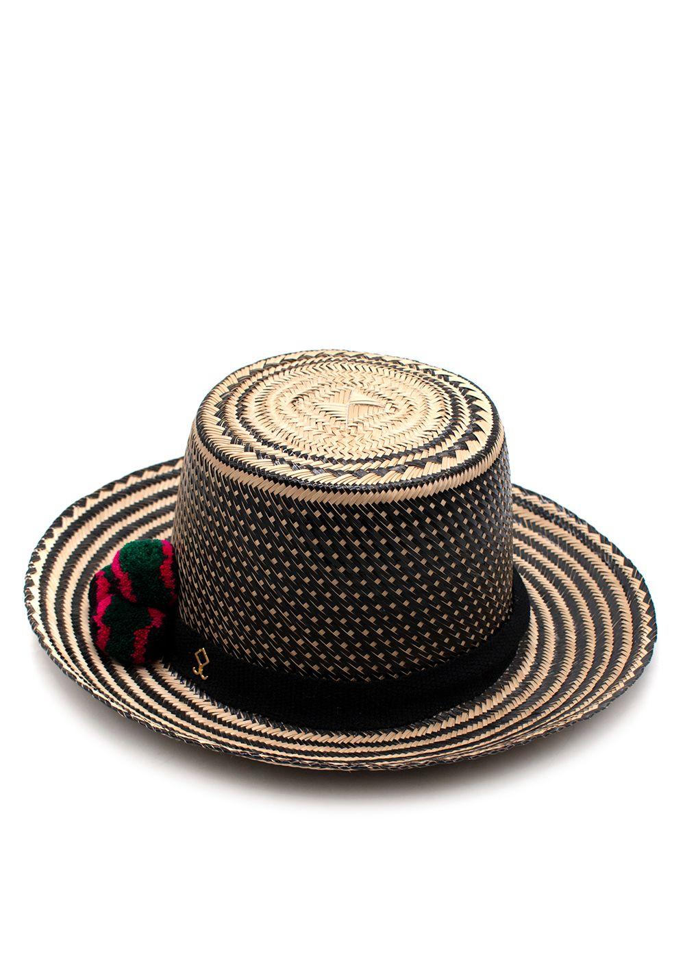 Yosuzi Striped Pom Pom Straw Fedora Hat