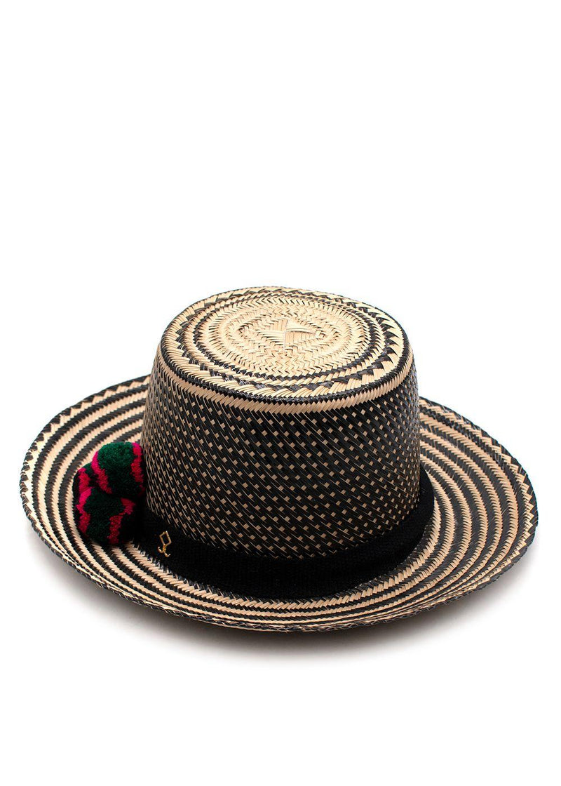 Yosuzi Striped Pom Pom Straw Fedora Hat