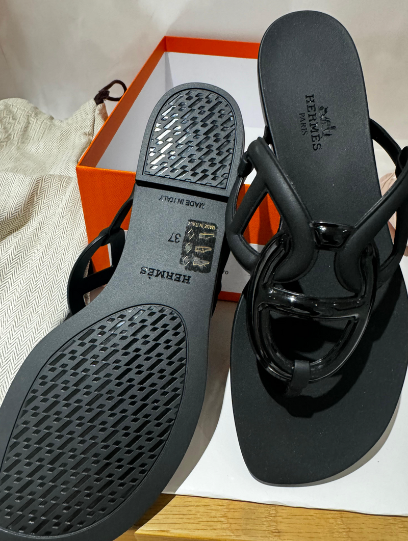 Hermes Black Rubber Egerie Sandals