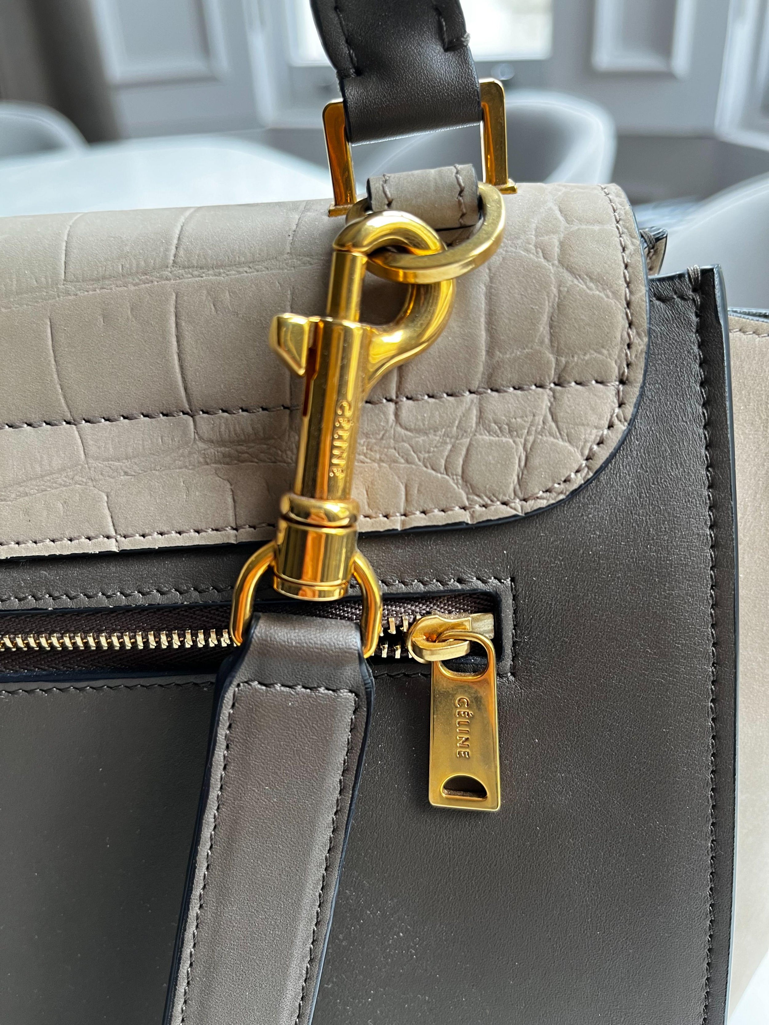 Beige Crocodile Embossed Trapeze Bag
