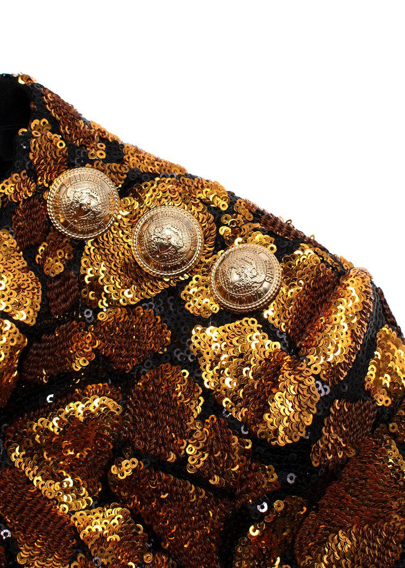 Balmain Gold and Black Sequin Long Sleeve Mini Dress