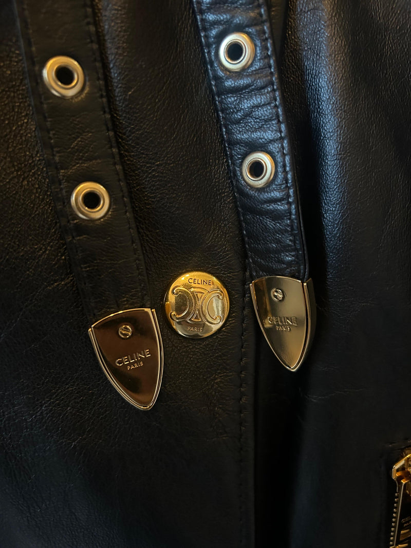 Celine Black Leather Buckle Detail Jacket
