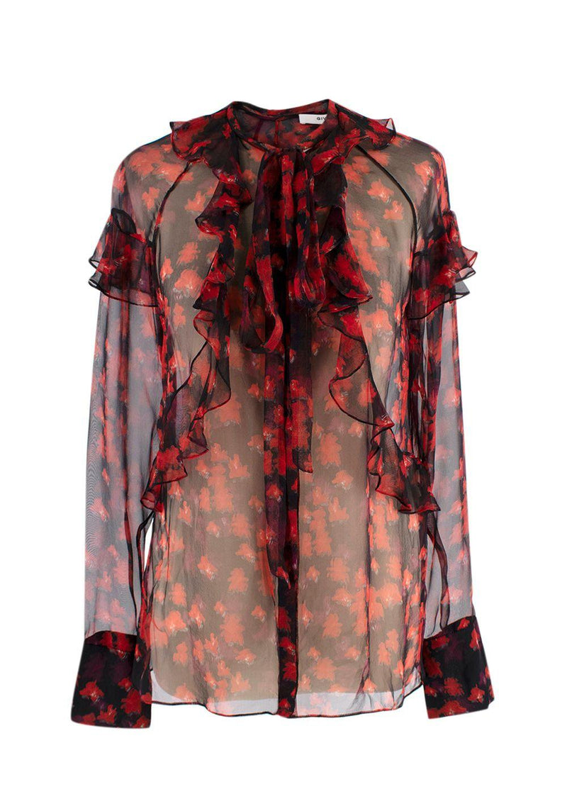 Givenchy Red and Black Floral Sheer Silk Blouse