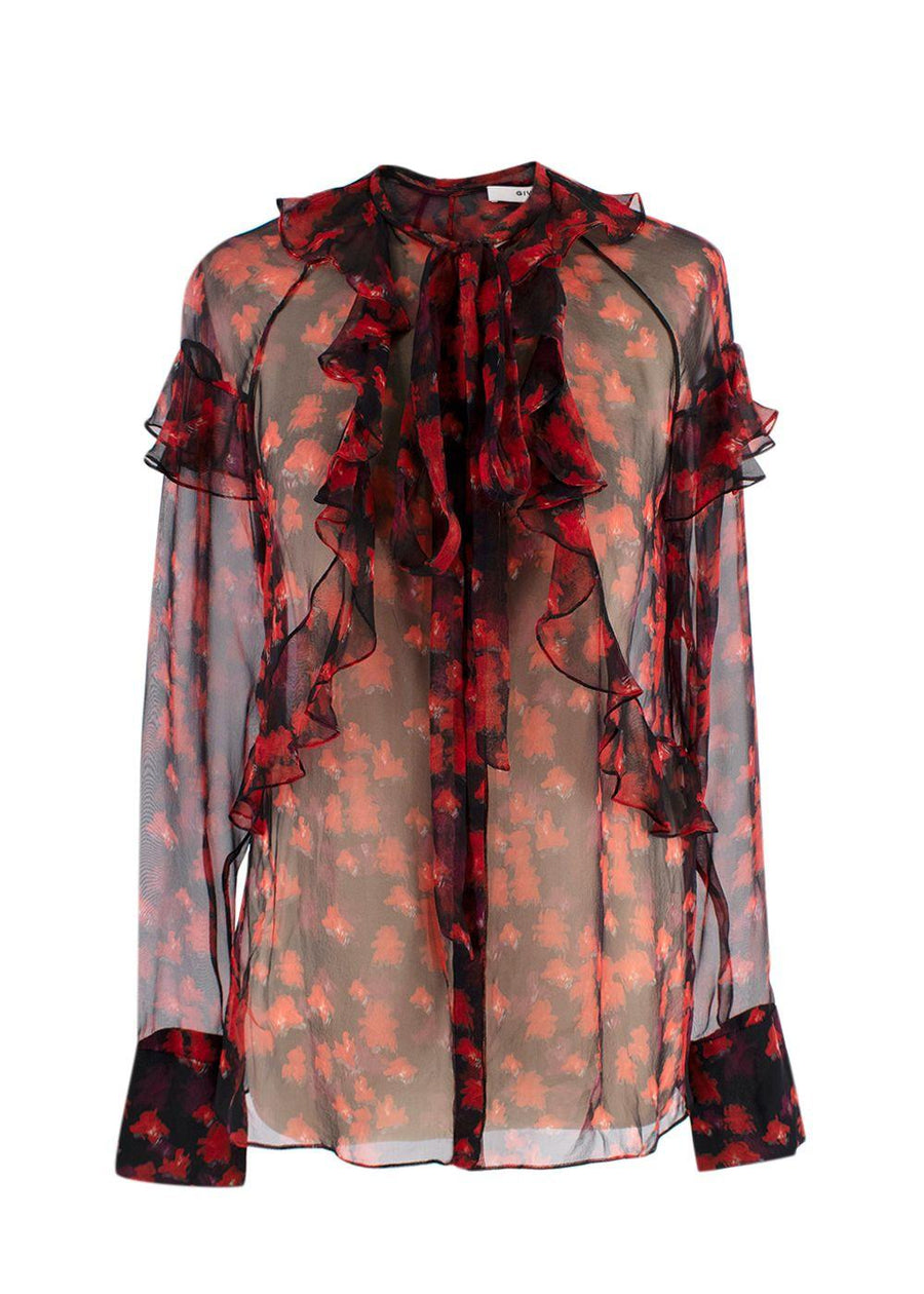 Givenchy Red and Black Floral Sheer Silk Blouse