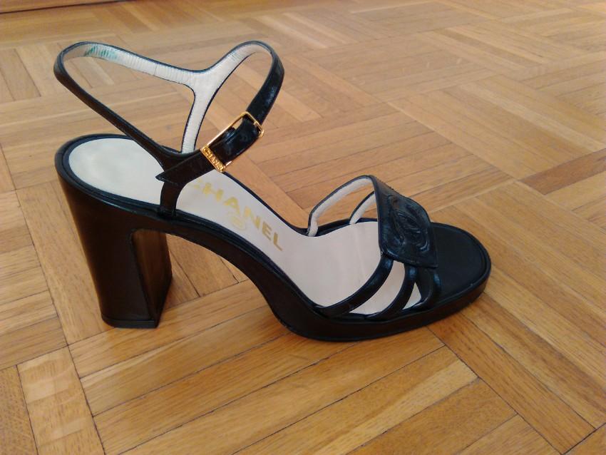Chanel Black Leather Logo Plate Block Heel Sandals
