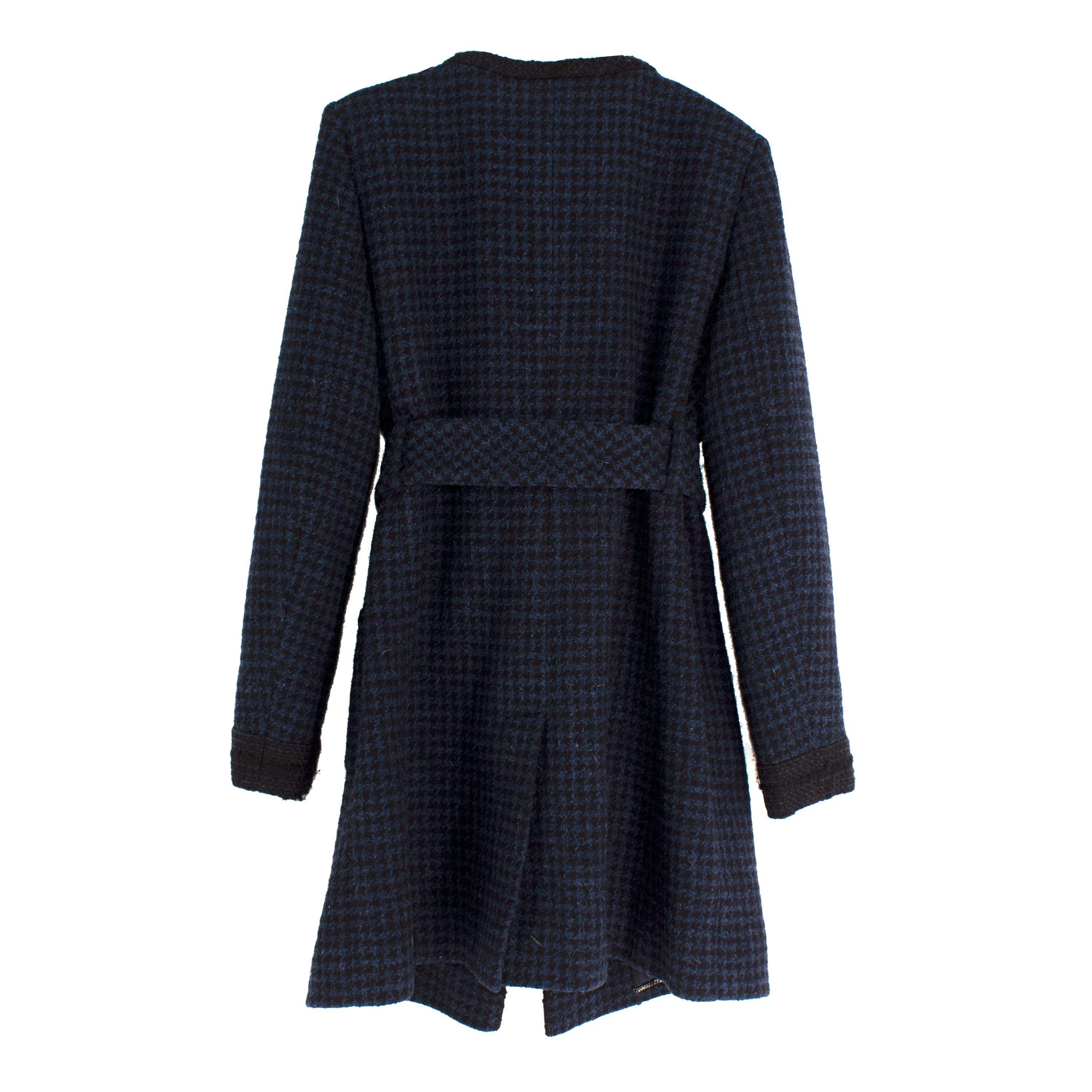 Chanel Navy Houndstooth Belted Wool Jacket