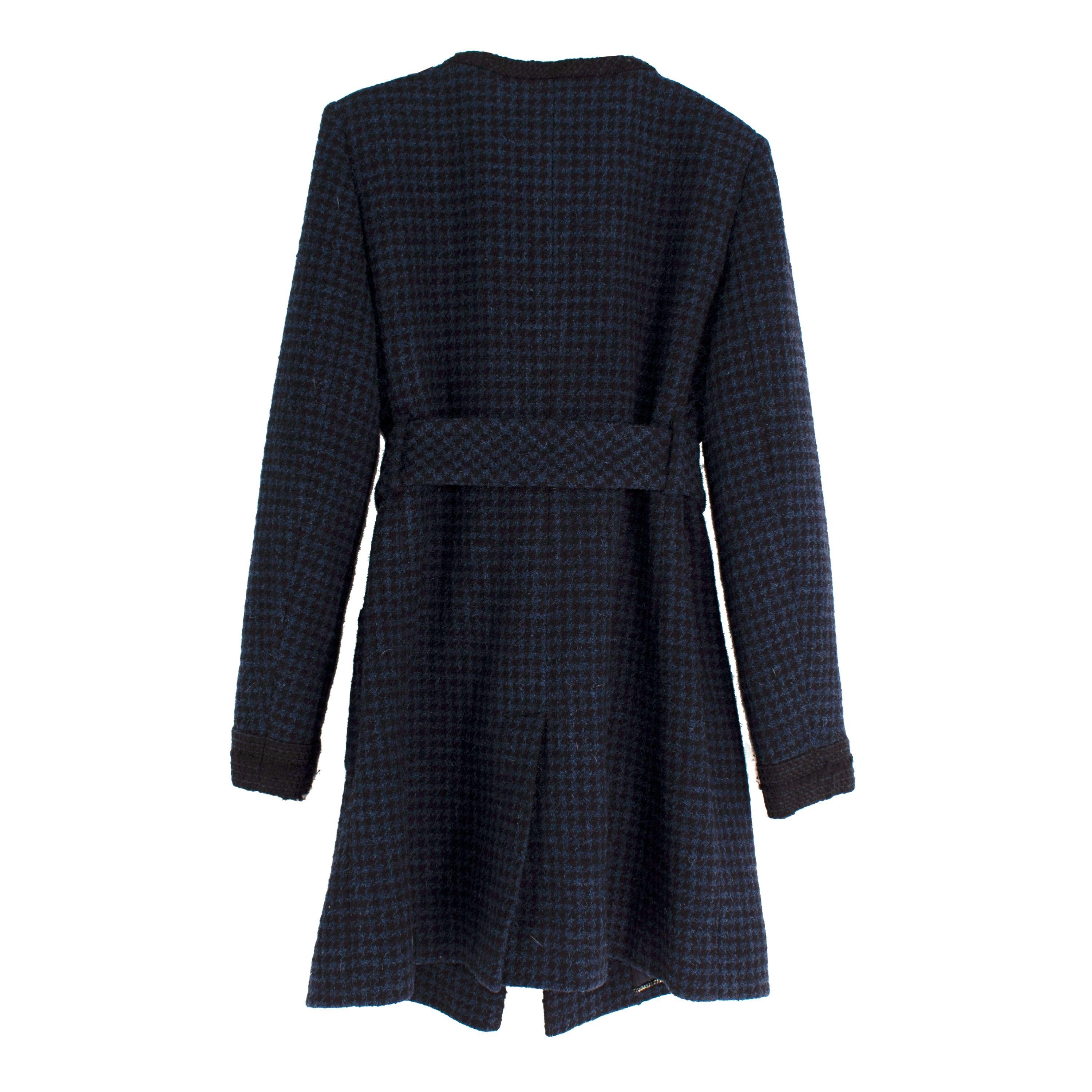 Chanel Navy Houndstooth Belted Wool Jacket