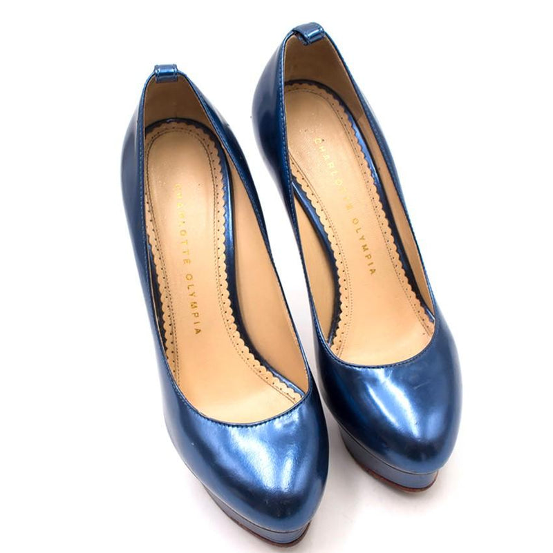 Charlotte Olympia Blue Patent Leather Dolores Pumps