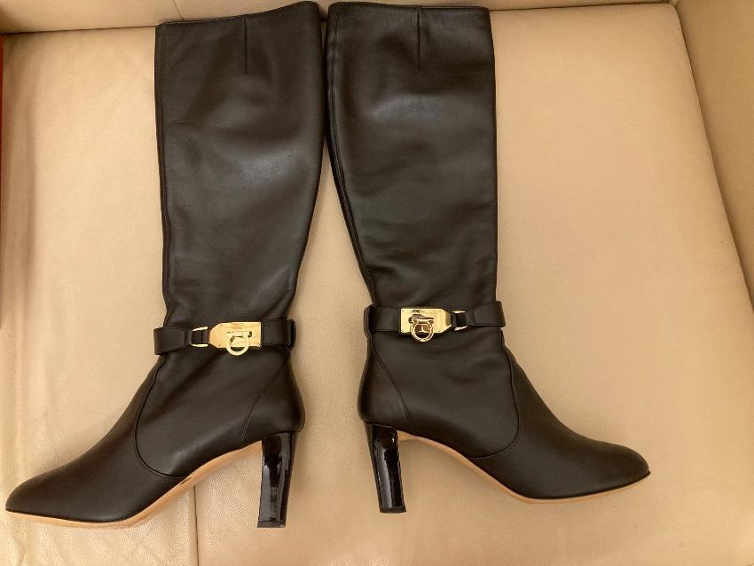 Ferragamo Black Leather Gancini Buckle Knee Boots