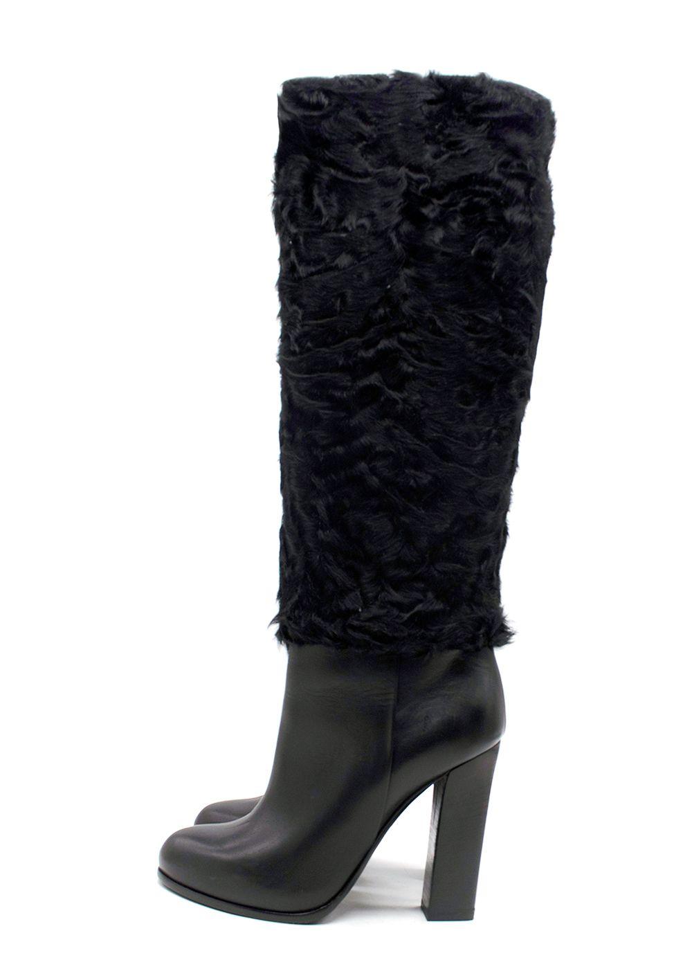 Dior Black Knee High Leather Boots with Fur Detail