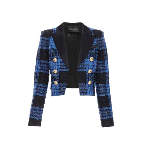 Balmain Blue & Black Check Crop Tailored Jacket