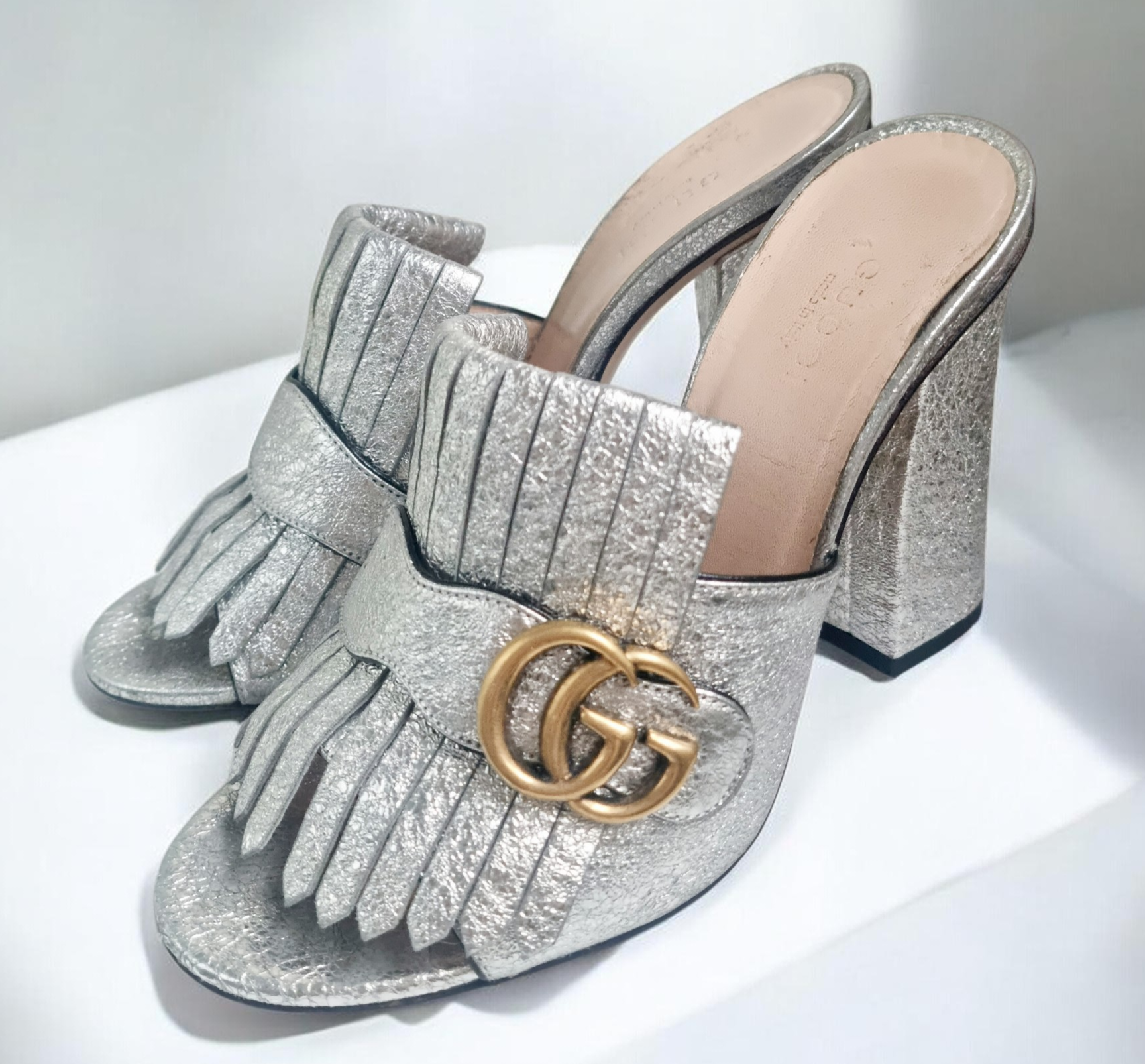 Gucci Silver Heeled Mules