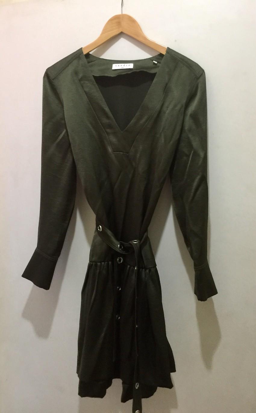 Sandro Olive Satin Dress with Eyelet Detailed Belt