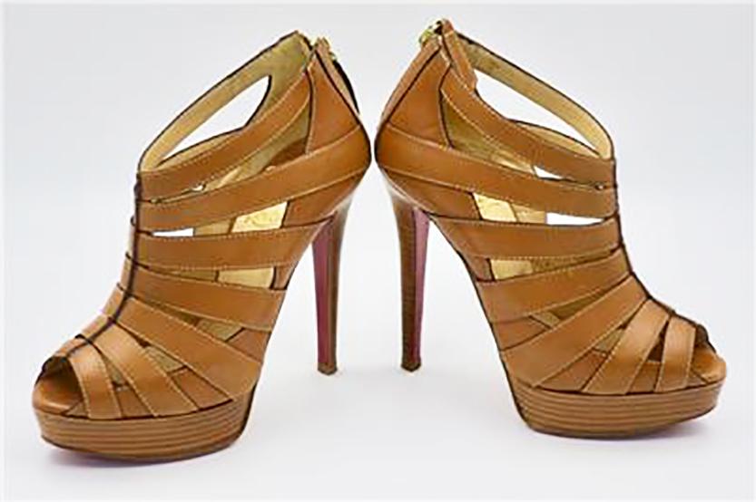 Christian Louboutin Brown Leather Peep-Toe Platform Cage Heels