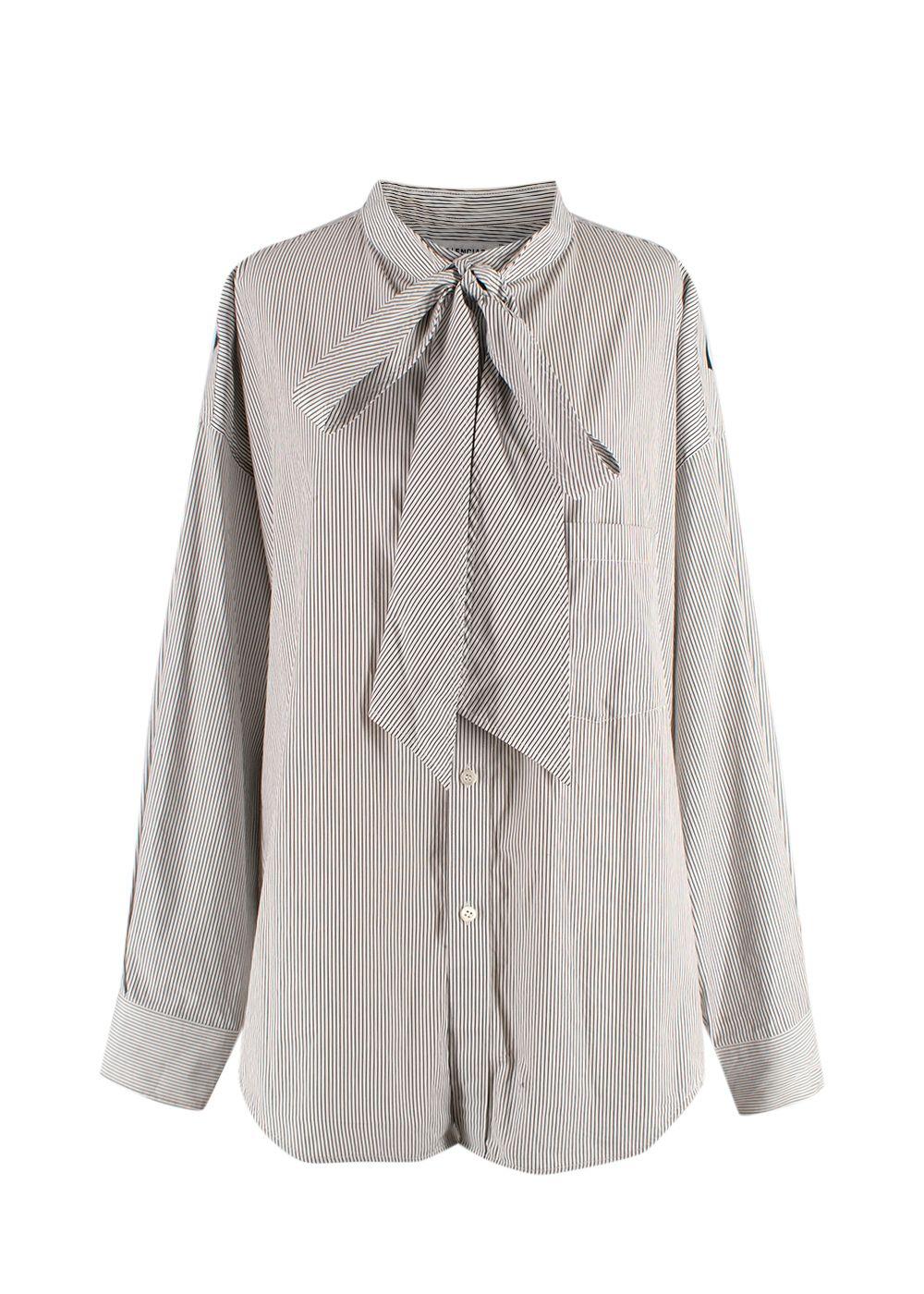 Balenciaga White and Navy Striped Logo Oversized Shirt with Tie Detail