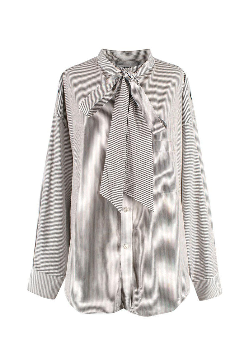 Balenciaga White and Navy Striped Logo Oversized Shirt with Tie Detail