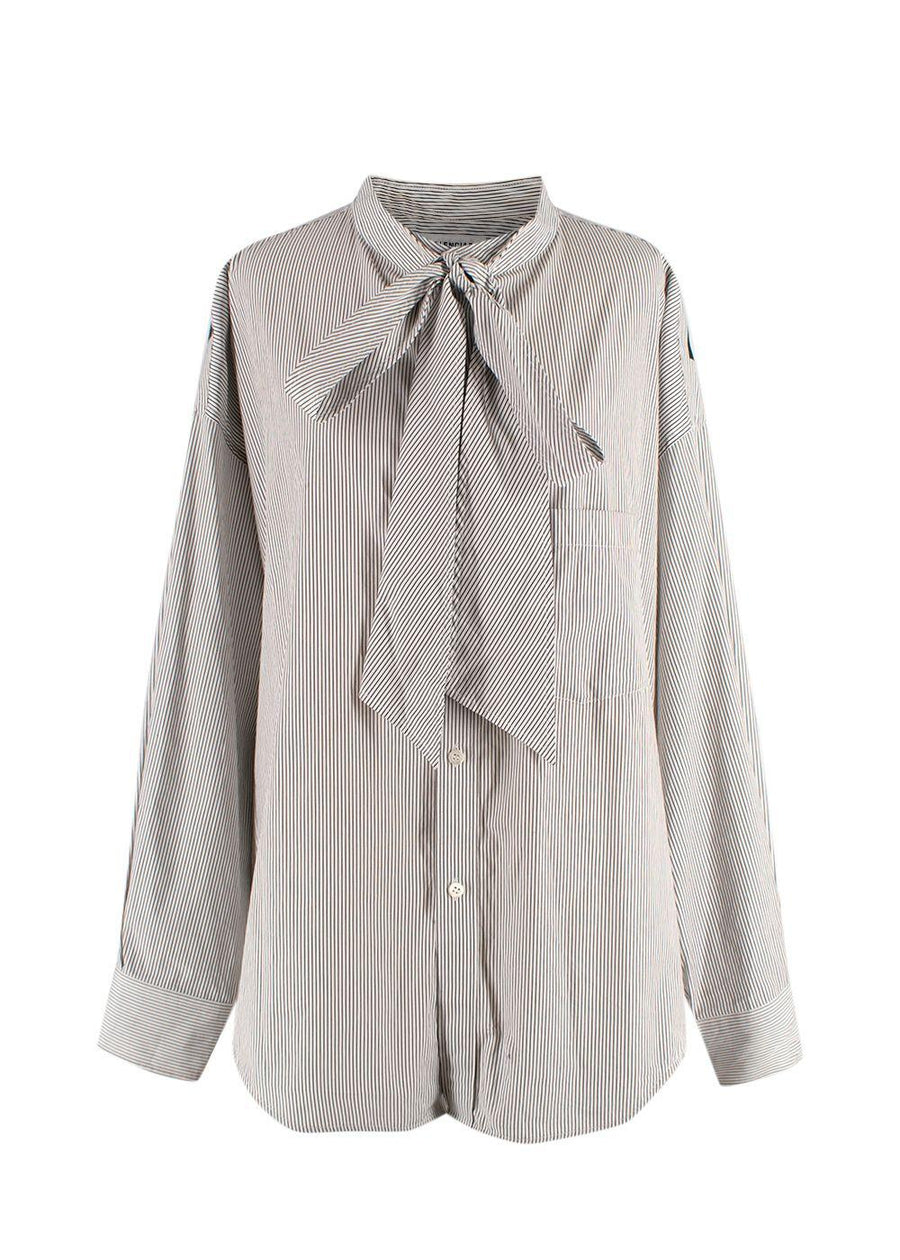 Balenciaga White and Navy Striped Logo Oversized Shirt with Tie Detail