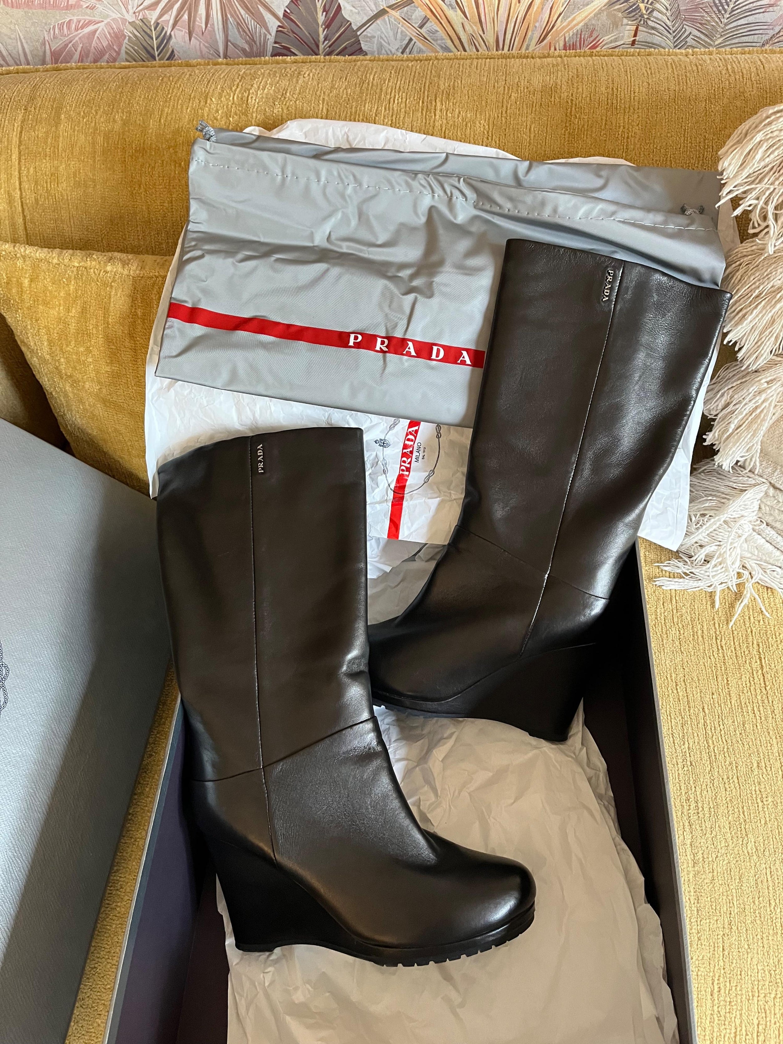 Prada Black Leather Eddy Wedge Boots