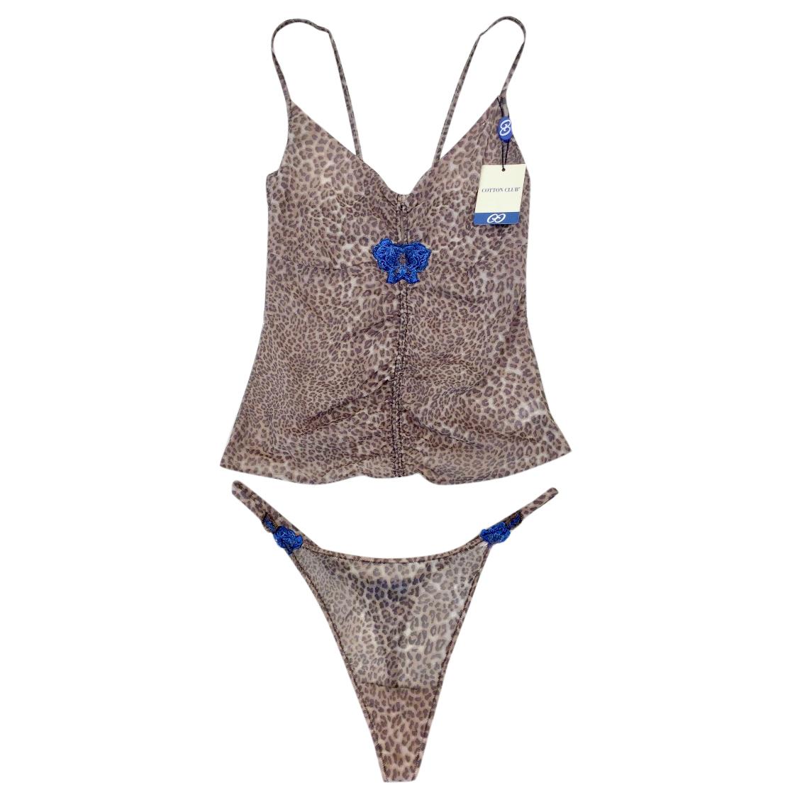 Cotton Club Couture Leopard Print Embroidered Camisole & Thong Set