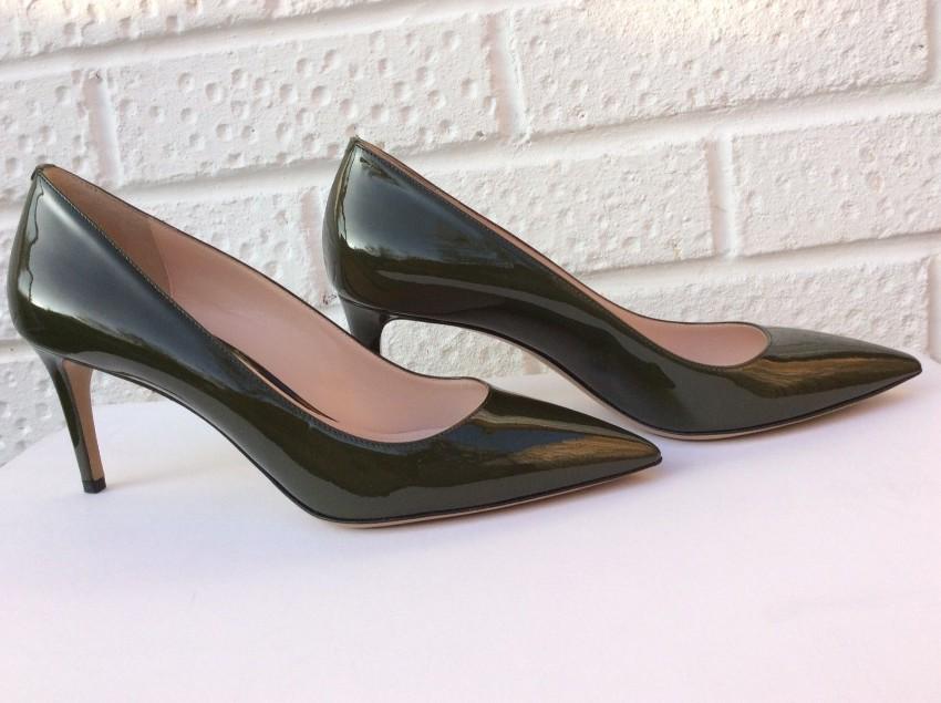 Bally Khaki Mid Heel Patent Pumps