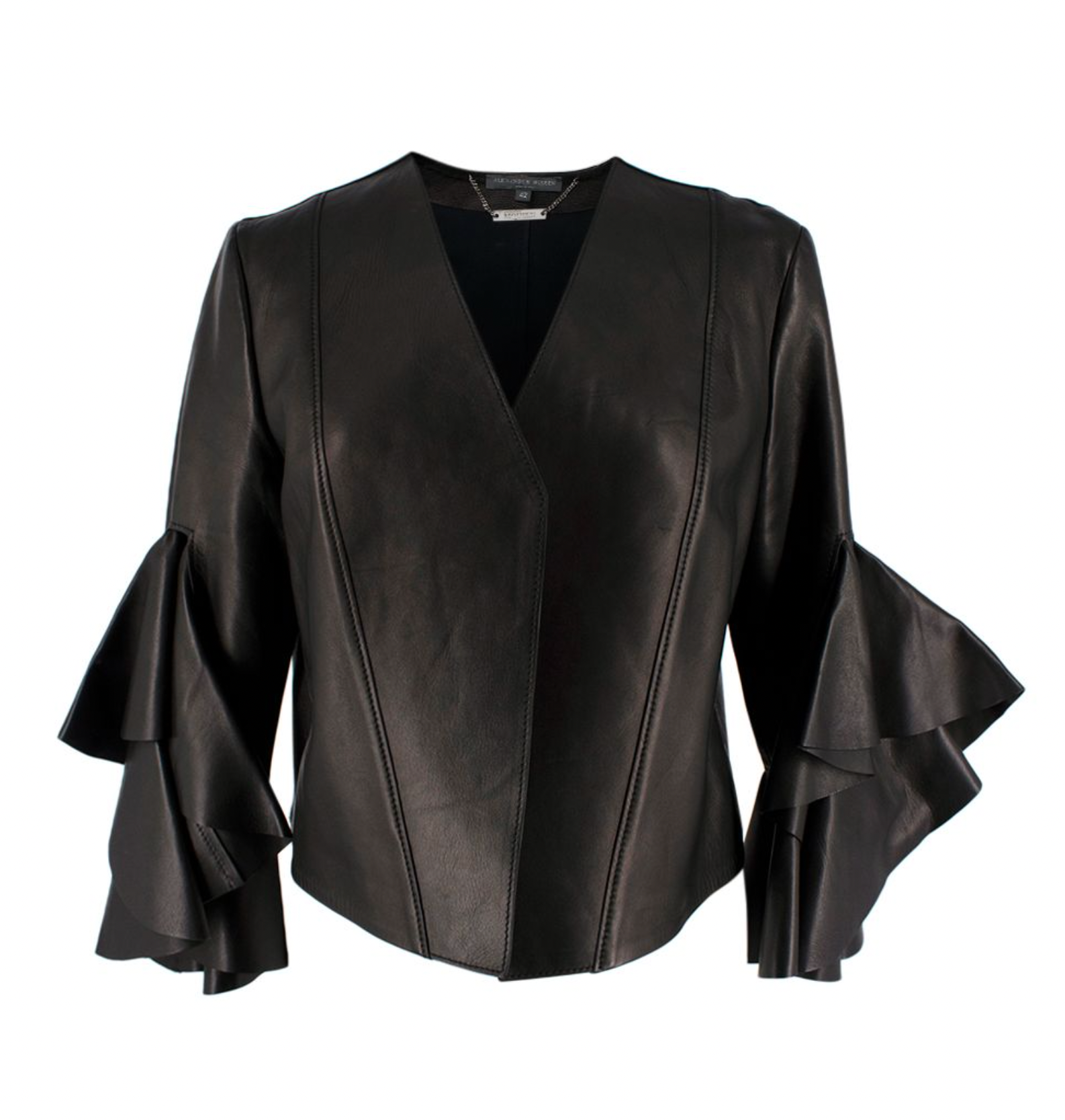Alexander McQueen Black Leather Ruffled Sleeve Jacket