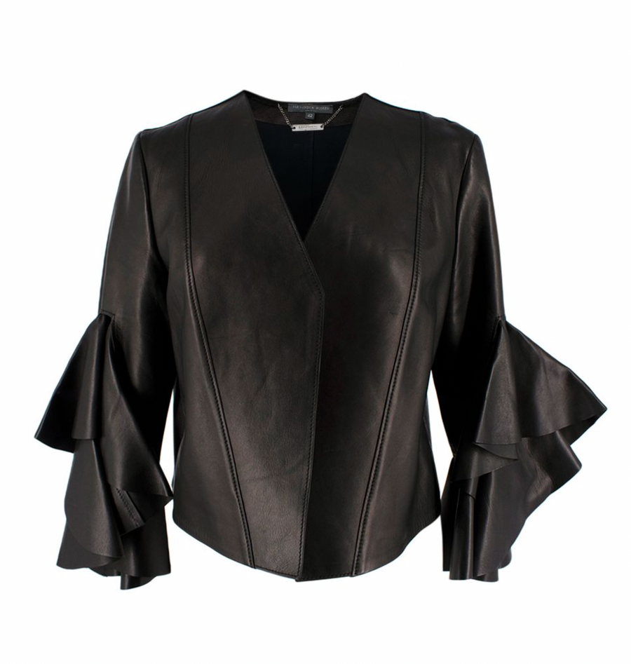 Alexander McQueen Black Leather Ruffled Sleeve Jacket