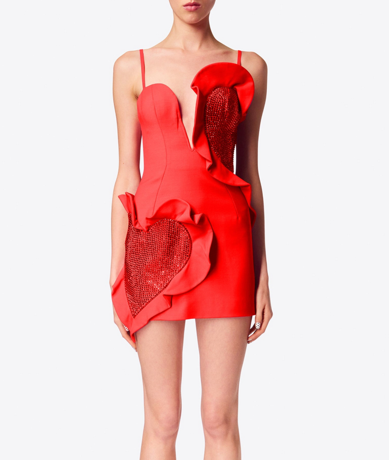 Area  Heart Ruffle Crystal Mini Tank Dress
