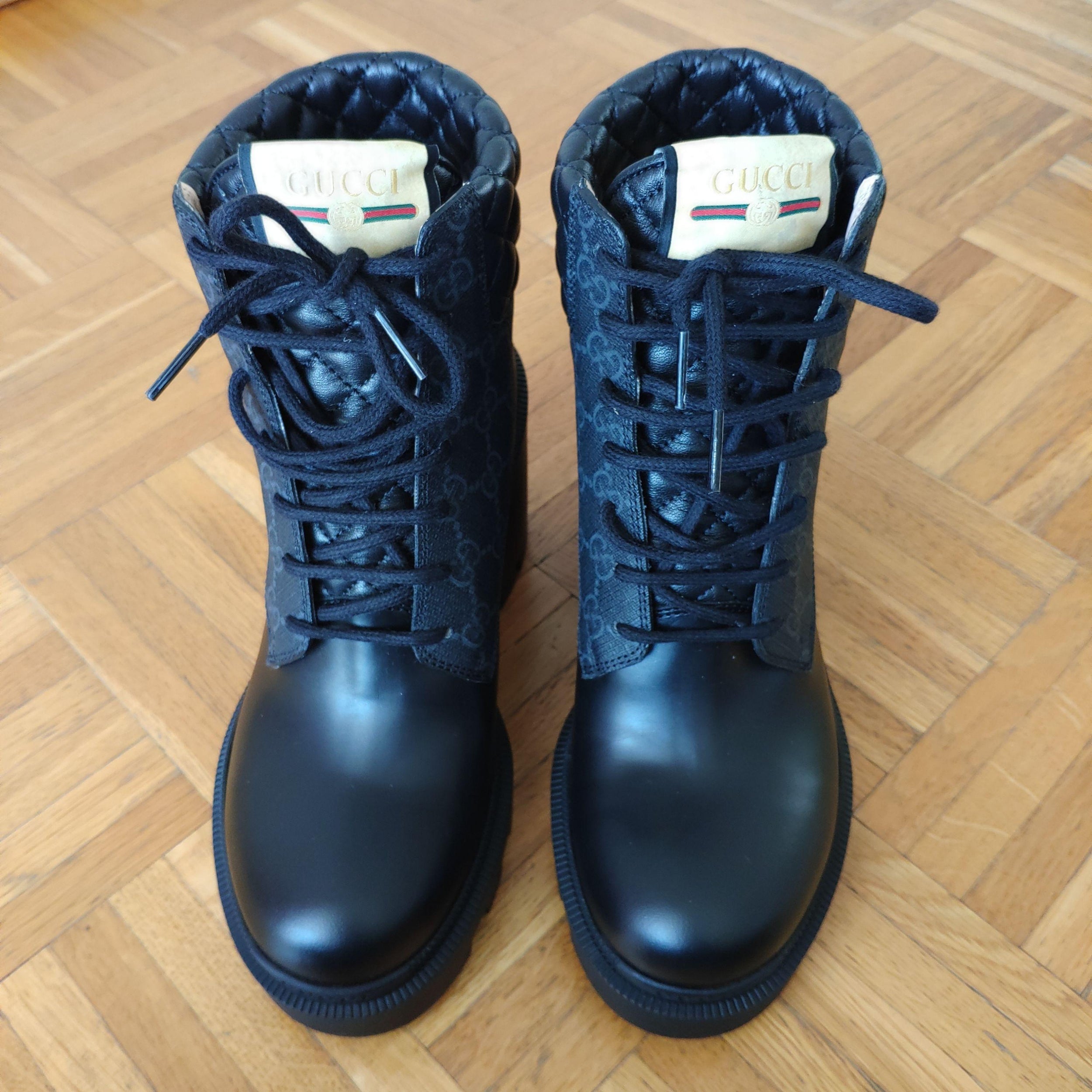 Gucci Black Monogram Leather and Canvas Biker Boots