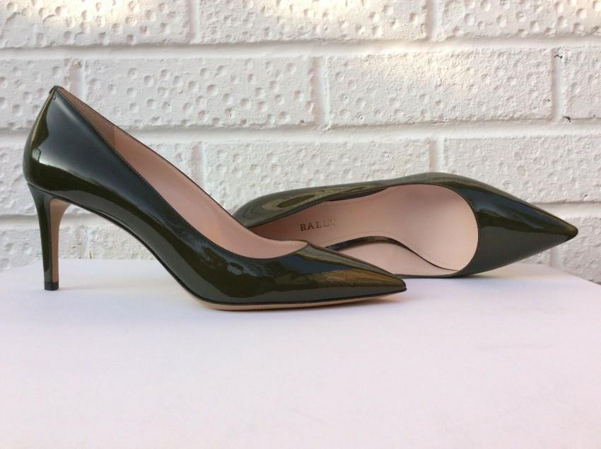 Bally Khaki Mid Heel Patent Pumps