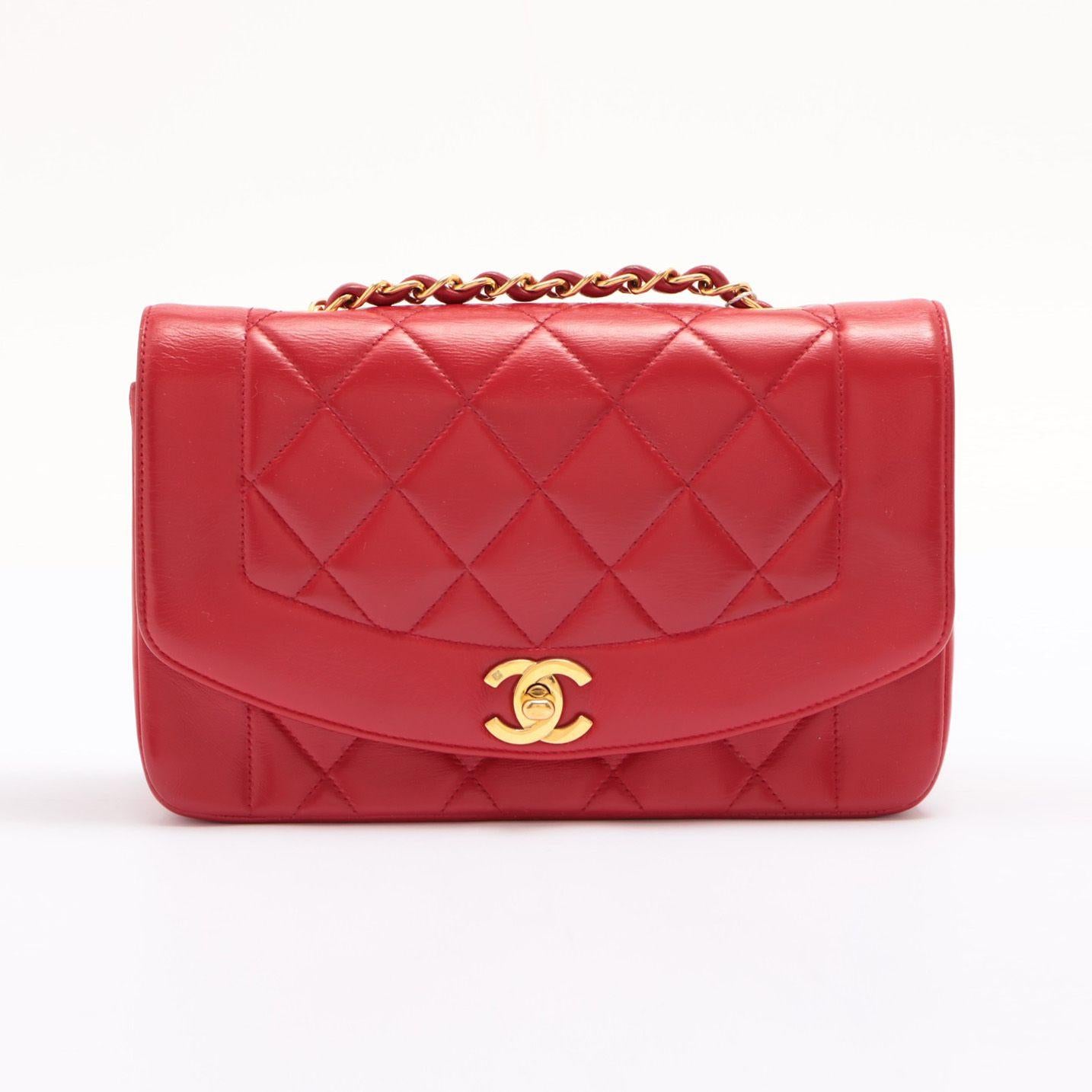 Red Lambskin Quilted Diana Flap Bag