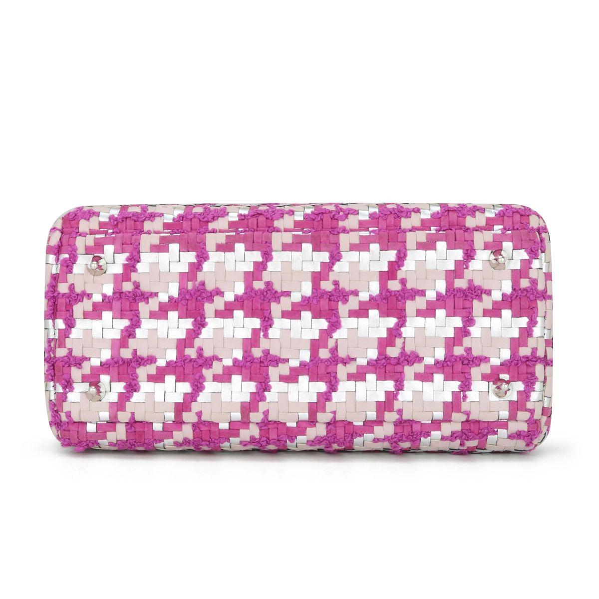 Dior Pink & Silver Woven Leather & Tweed Medium Lady Dior Bag