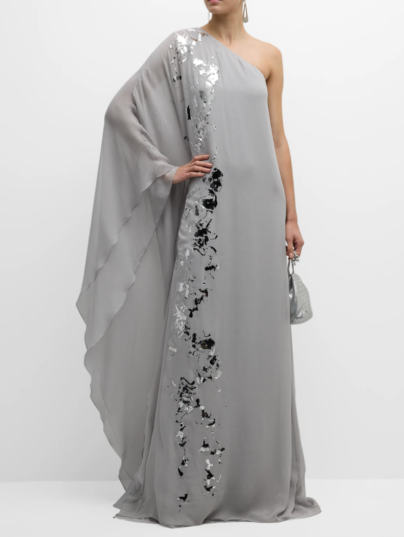 Kolston Metallic Foiled One-Shoulder Silk Chiffon Caftan Gown