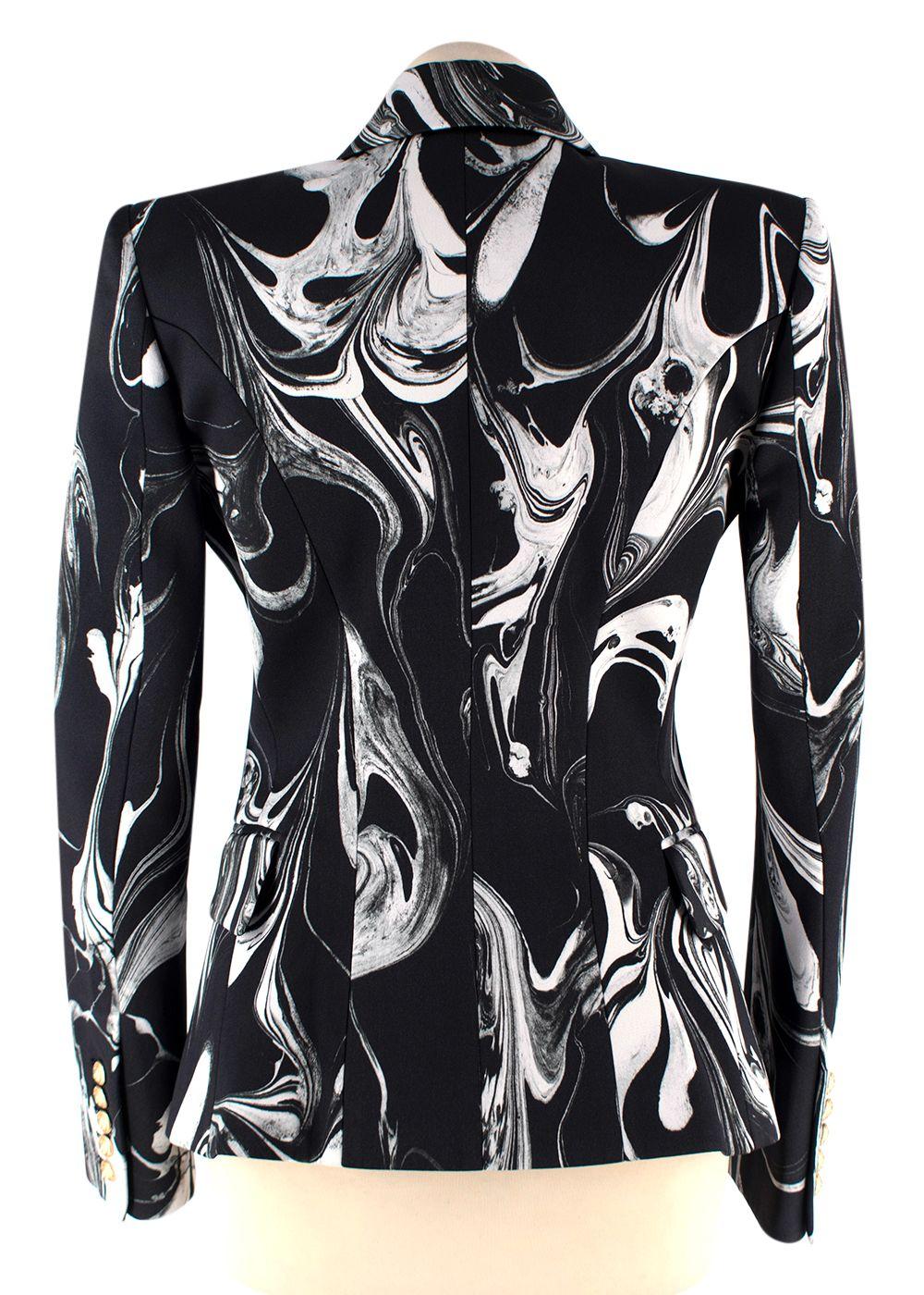 Balmain Black Marble Printed Satin Double Breasted Blazer