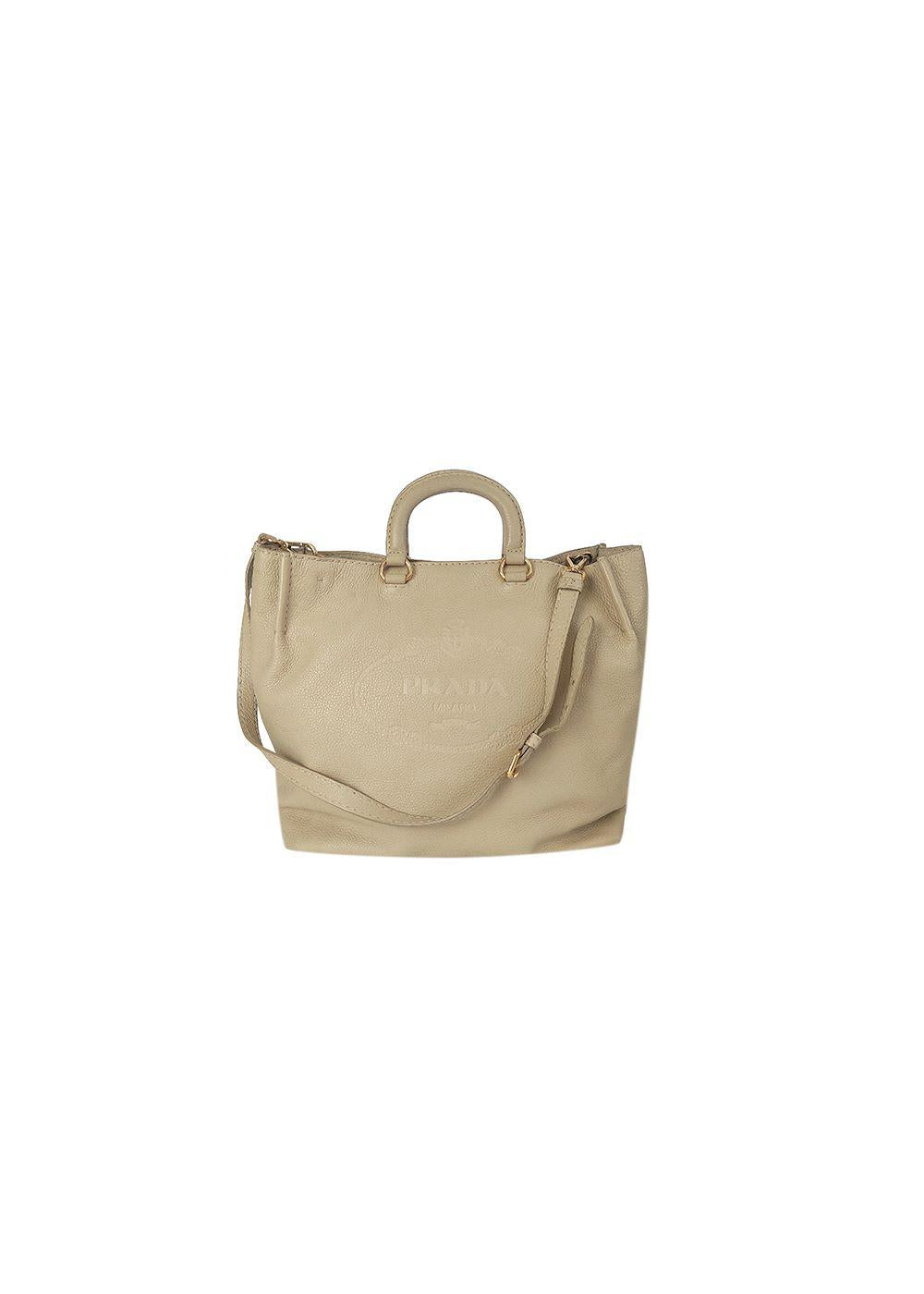 Beige leather logo embossed tote bag