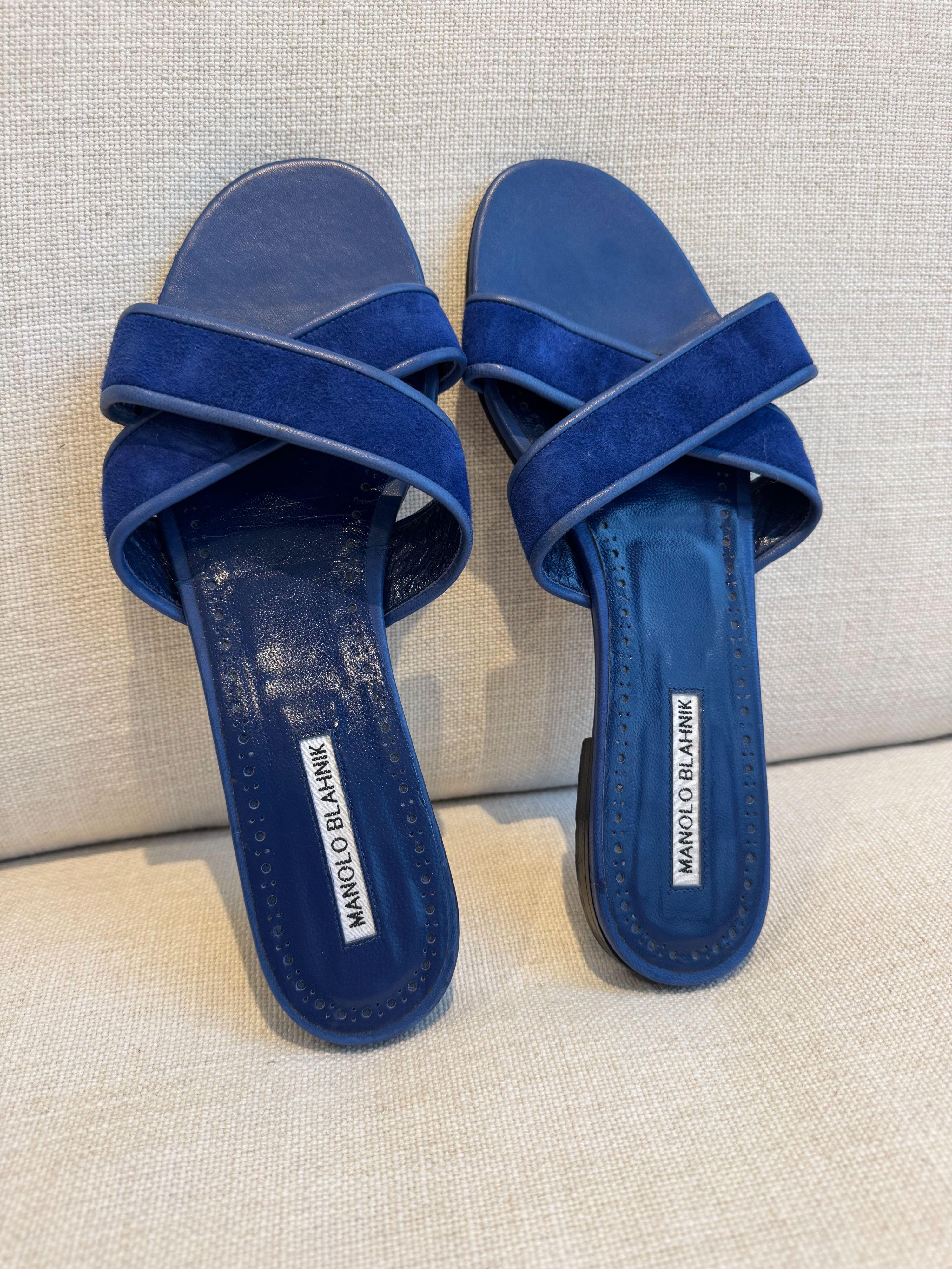 Manolo Blahnik Blue Suede Flat Sandals