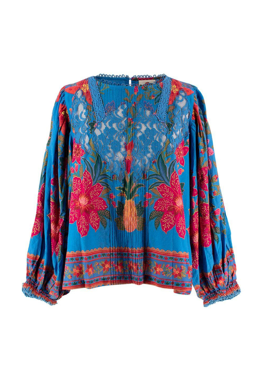 Farm Rio Blue Printed Lace Detail Blouse