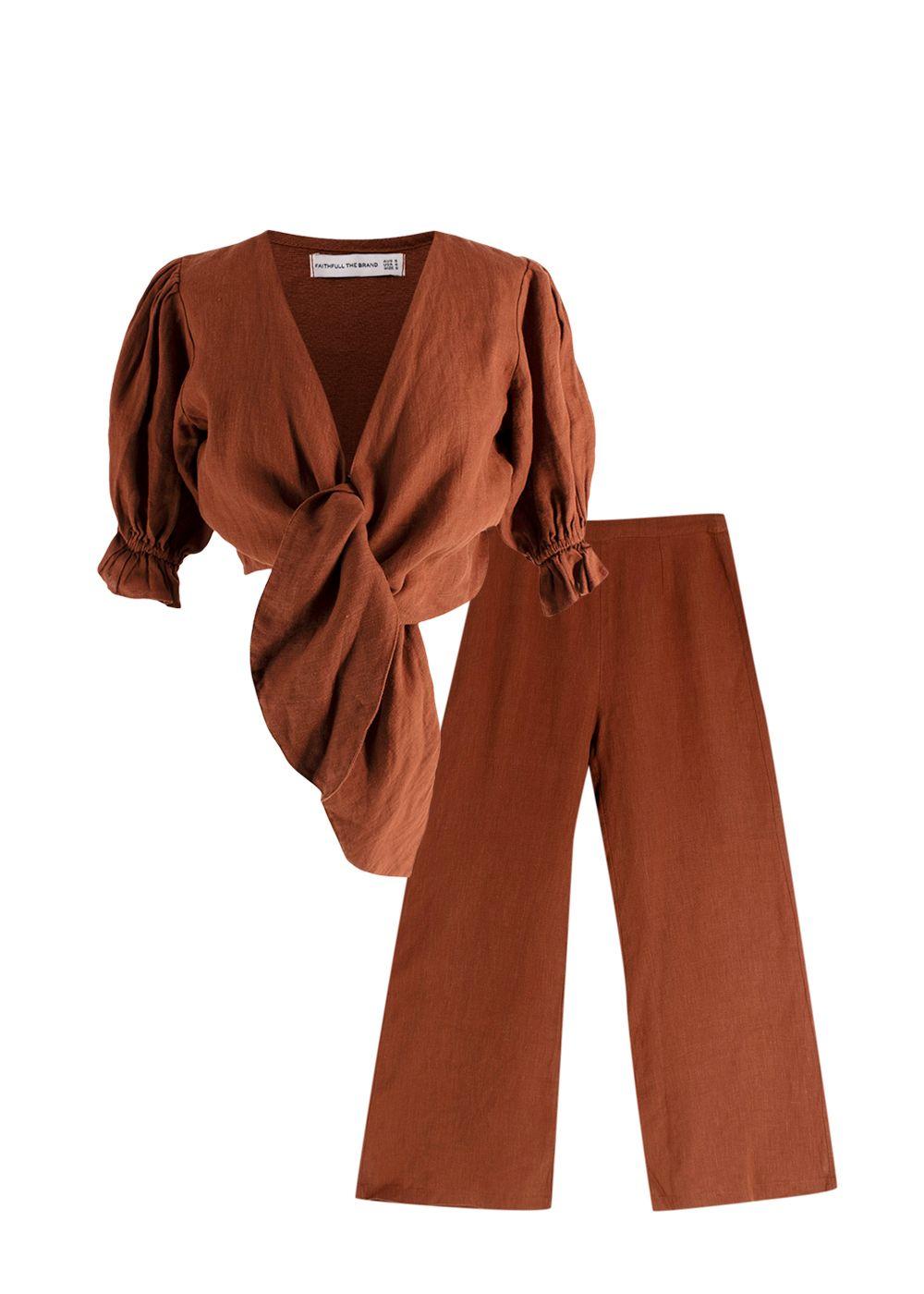 Faithfull The Brand Brown Tie Front Linen Top and Wide Leg Trouser Set
