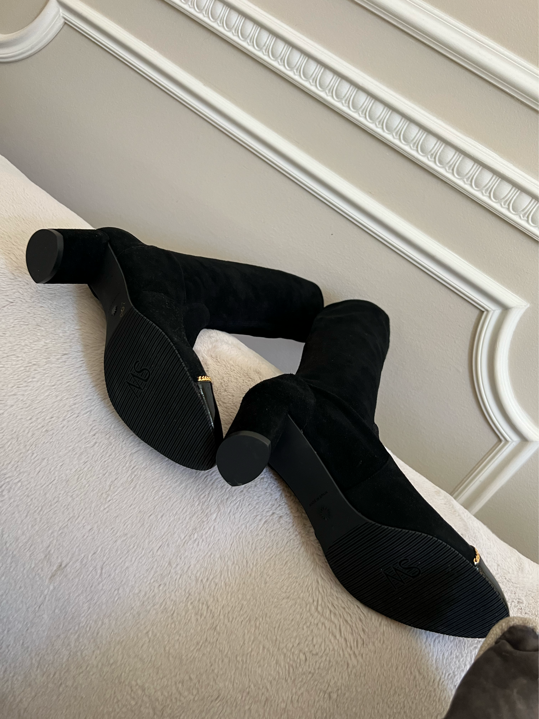 Valerie 60 chain-trimmed patent-leather and stretch-suede knee boots