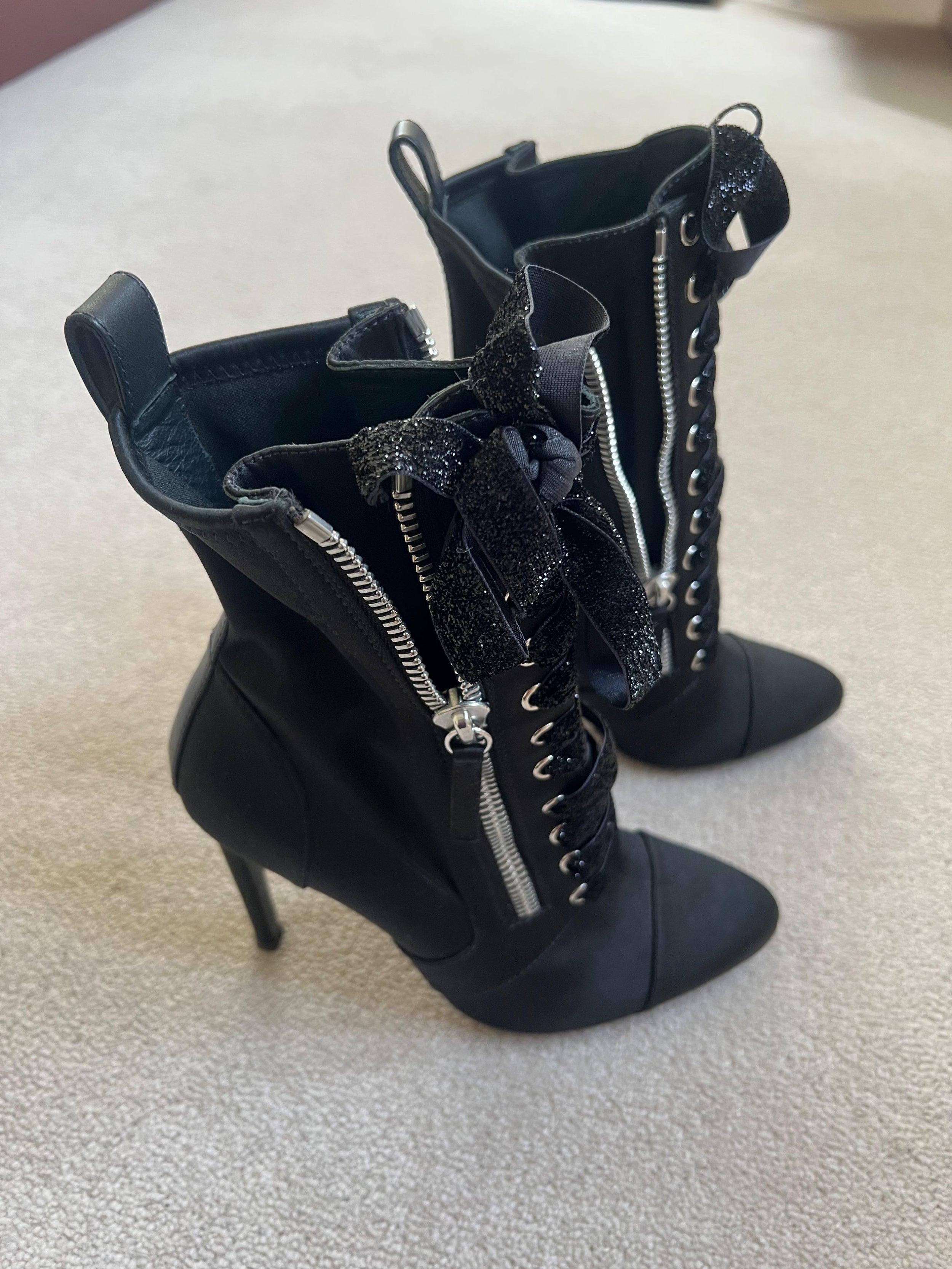 Black Twill Lace Up Heeled Booties