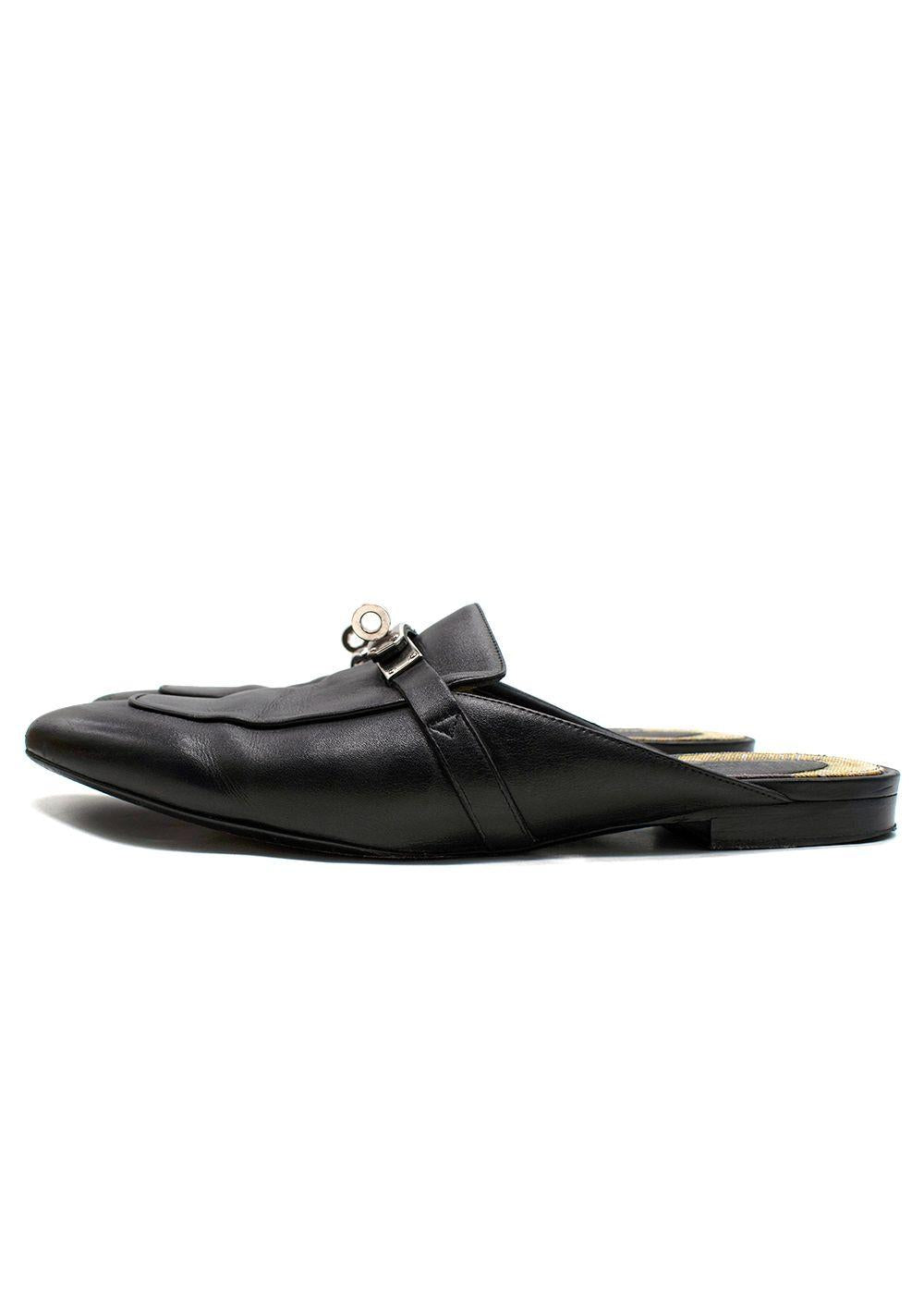 Hermes Black Leather Oz Flat Mules