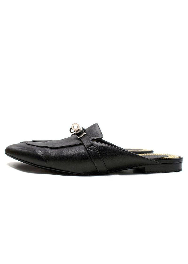 Hermes Black Leather Oz Flat Mules