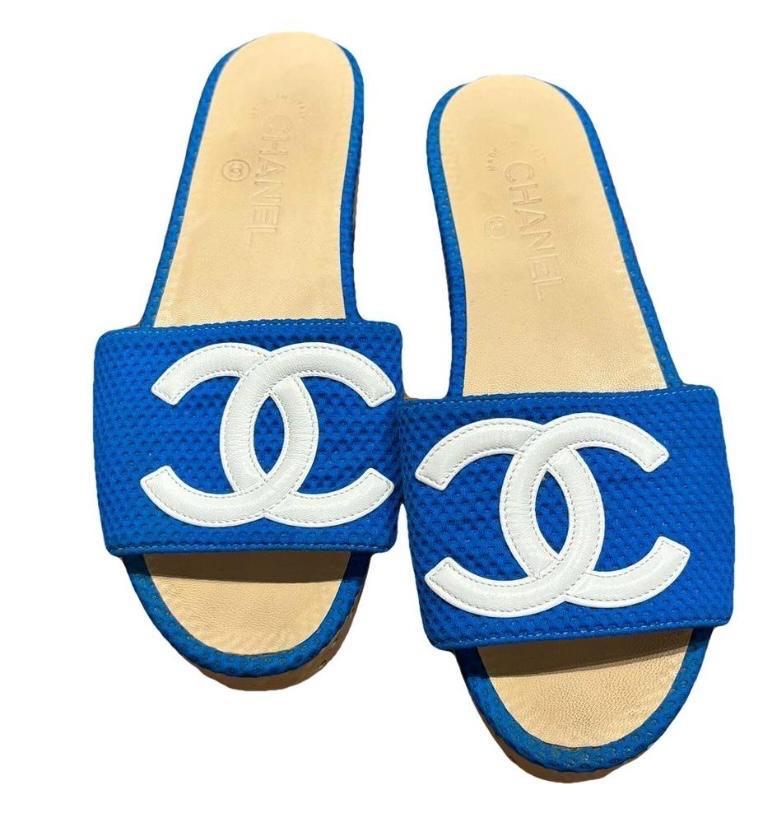 Chanel Blue Fabric CC Slides