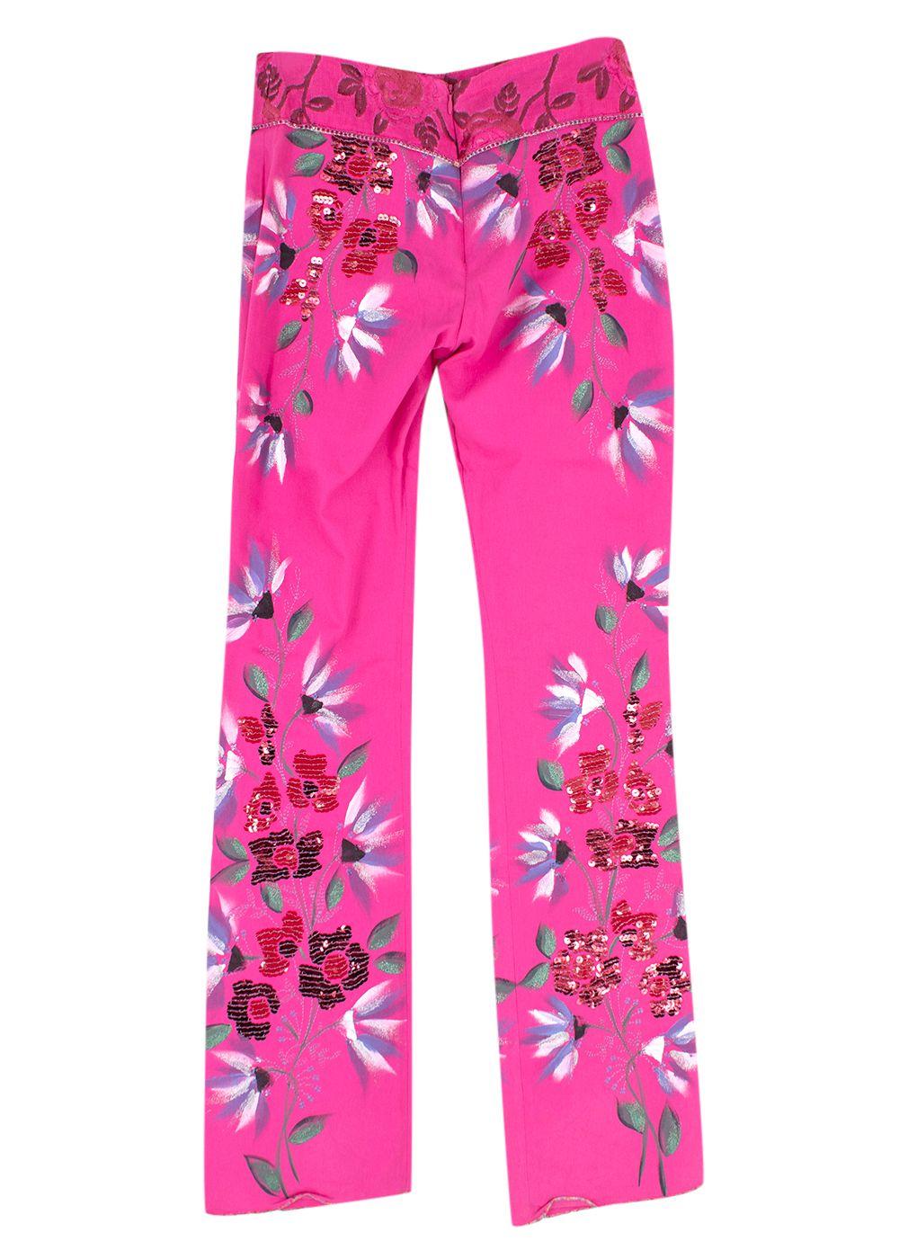 vintage pink cotton hand painted floral trousers