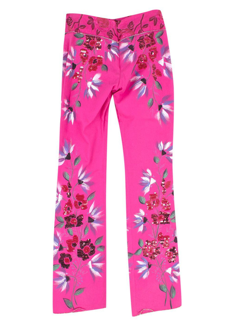 vintage pink cotton hand painted floral trousers