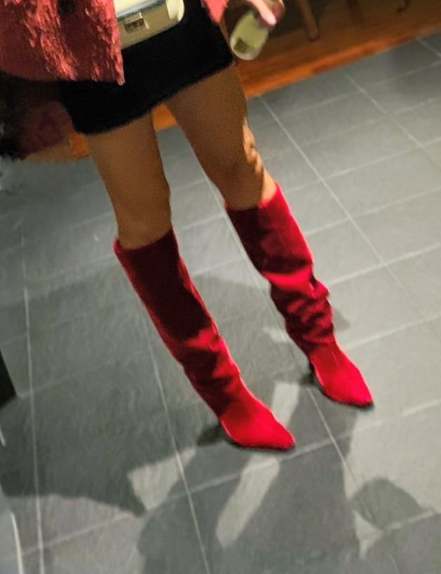 Red velvet long heeled boots