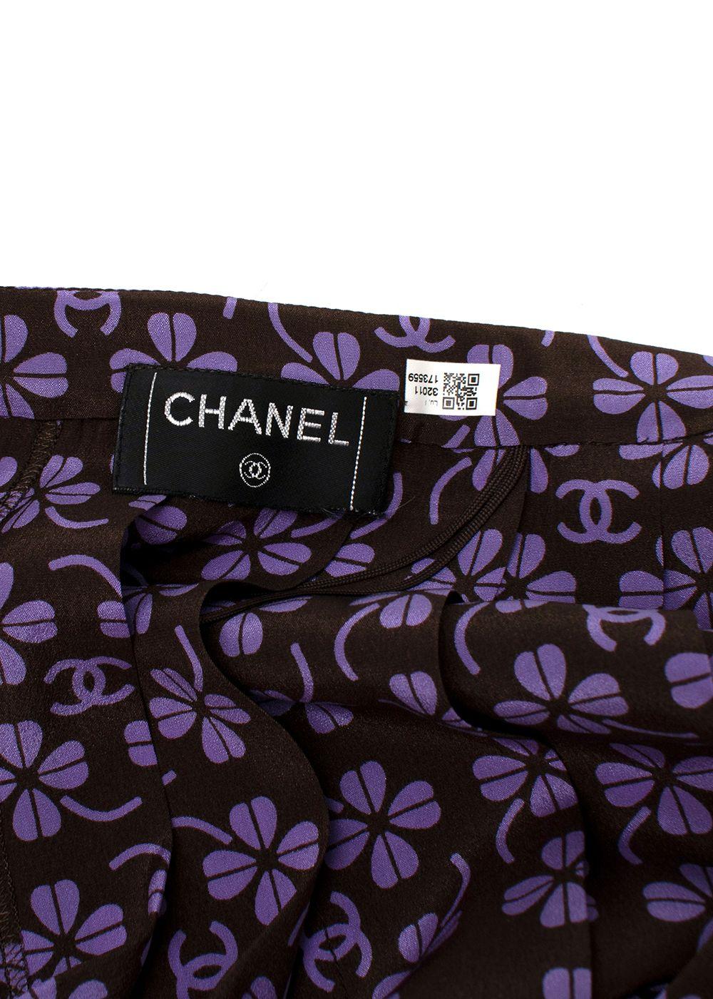 Purple & Black Clover Print Pleated Silk Skirt