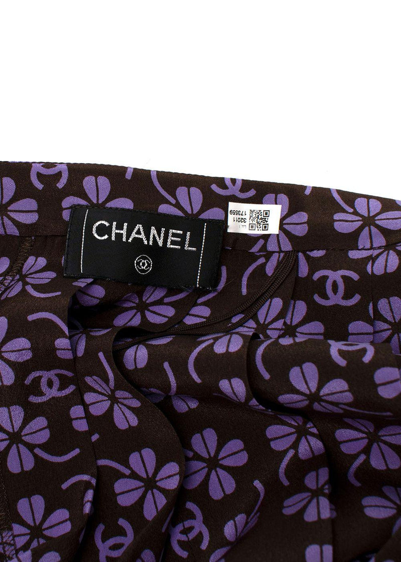 Purple & Black Clover Print Pleated Silk Skirt