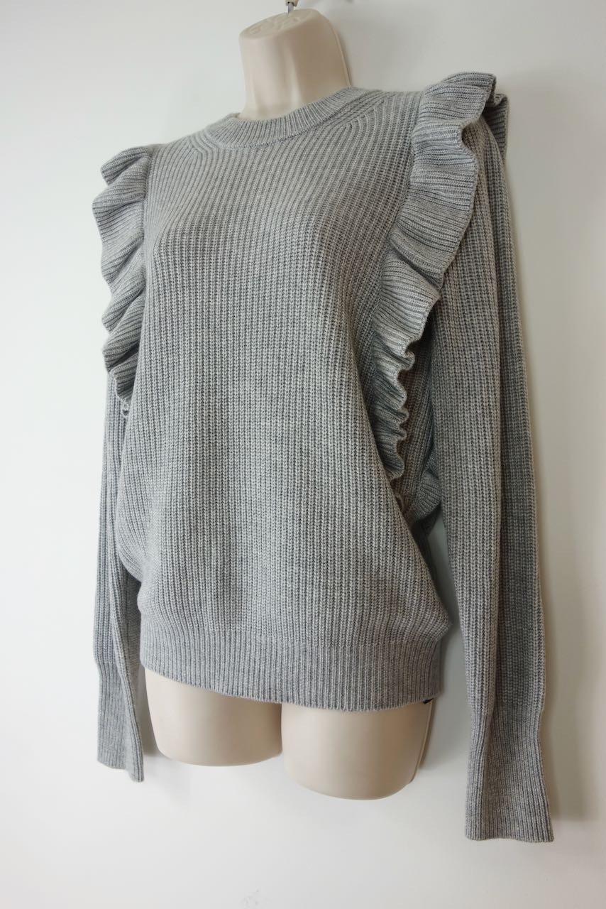 grey ribbed frilled shoulder jumper